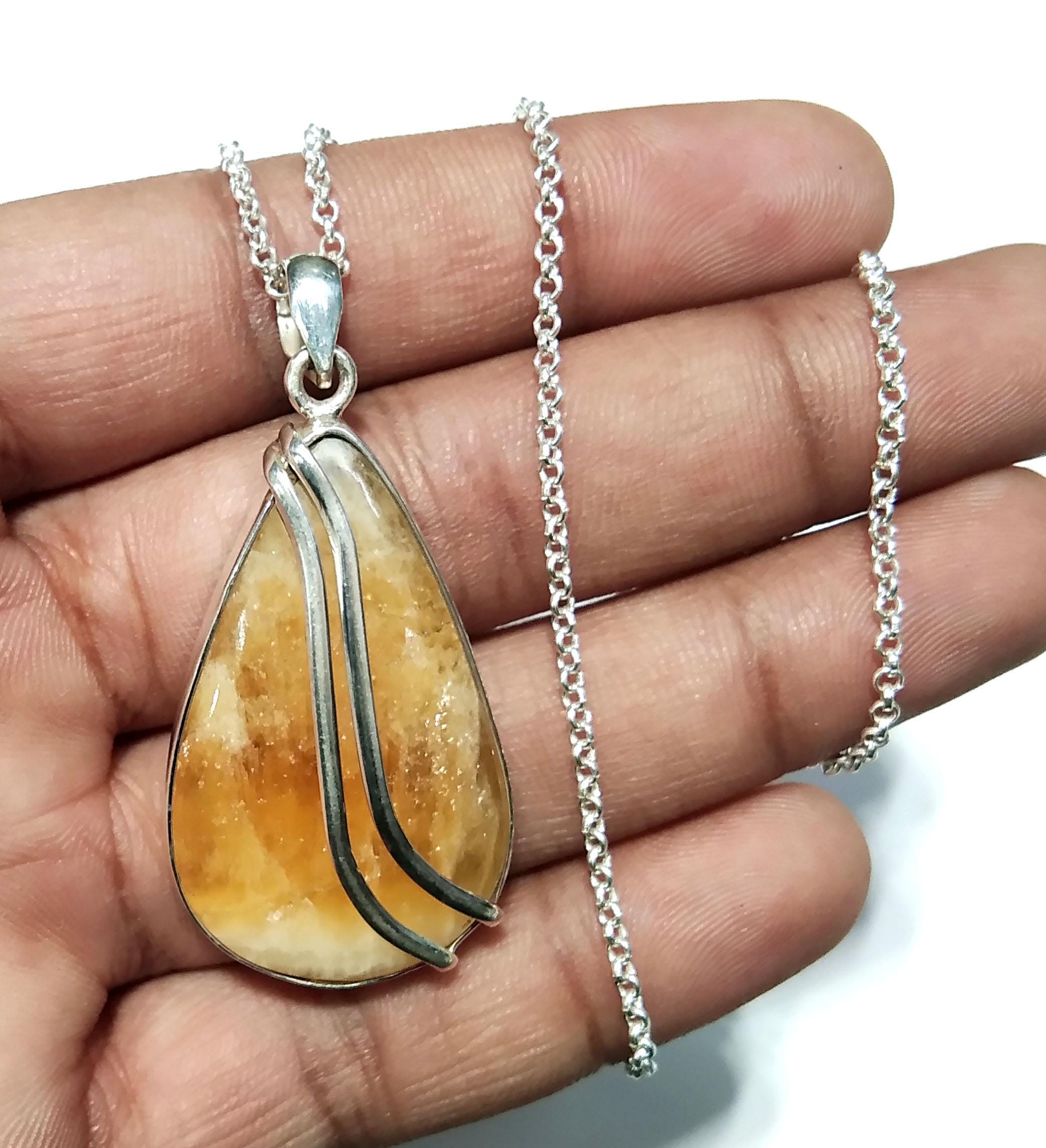 Natural Yellow Lace Agate Stone Chain Pendant Necklace, 925 Sterling Silver Pendant, Beautiful Color Yellow Agate Stone Pendant Gift For Her